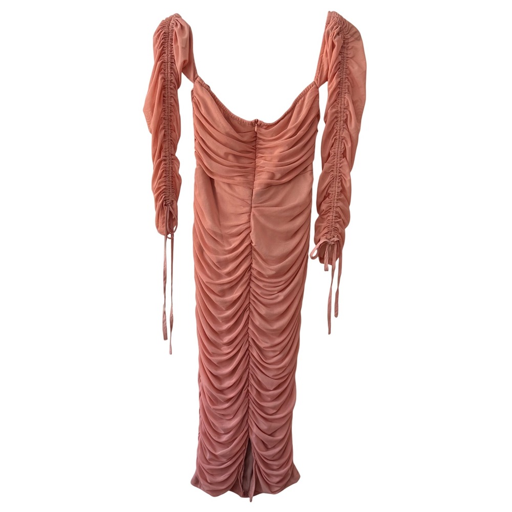 Y2K Pink Mesh Ruched Prom Wedding Party Midi Dress Deep V-Wire Bodycon Size 8 - Picture 2 of 7